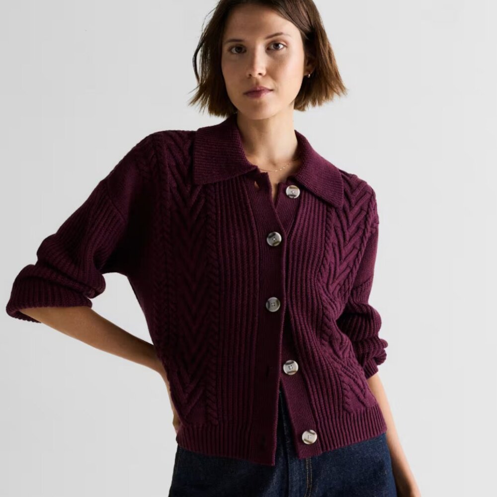 NWT Quince Australian Merino Wool Collared Cable Cardigan